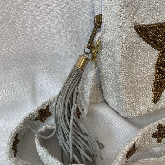 Tiana Beaded White with Gold Star Beaded Bag with Cross Body Strap - Picture 3 of 13